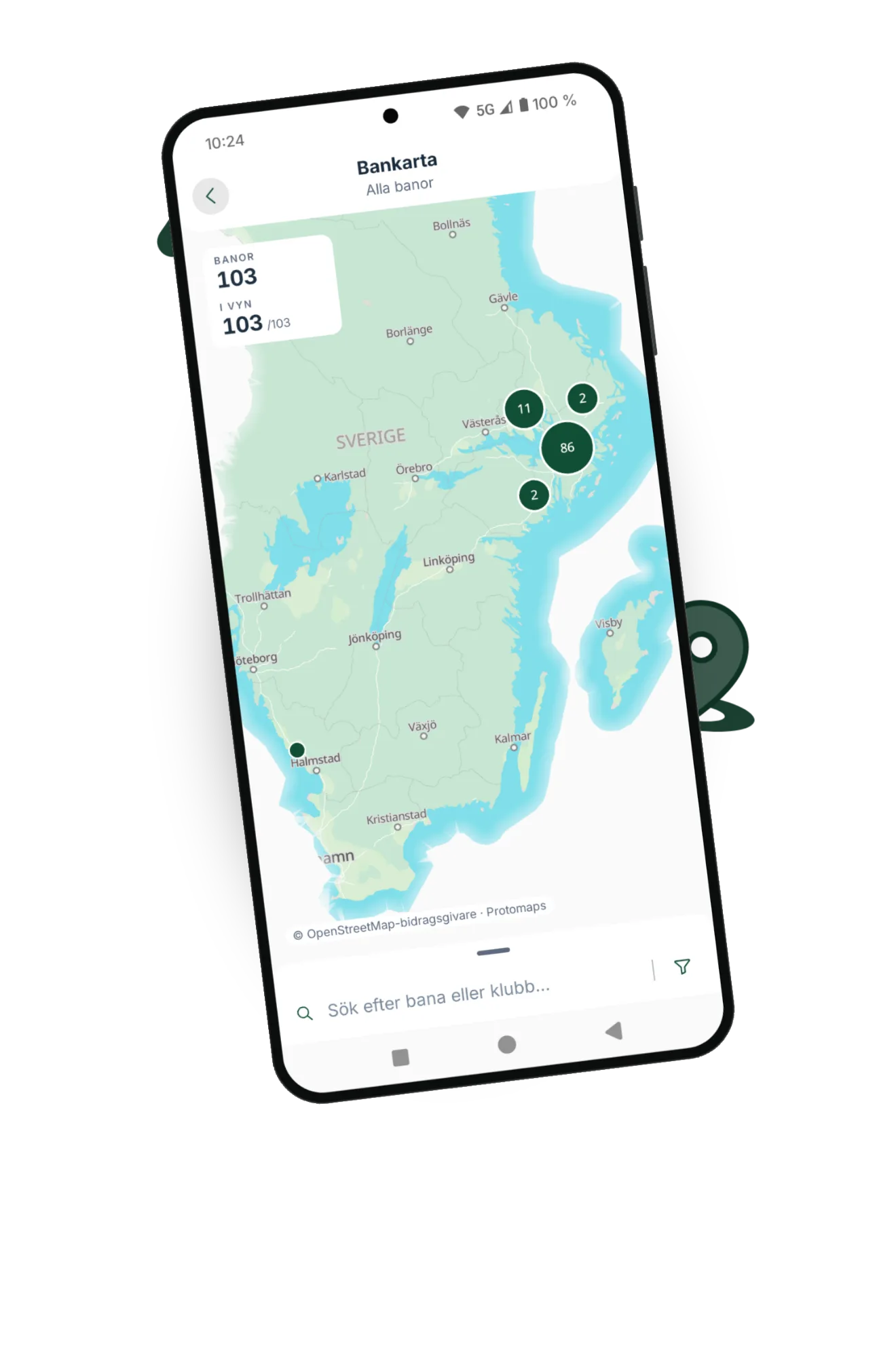 Bankarta över Sverige med appens golfbanor.