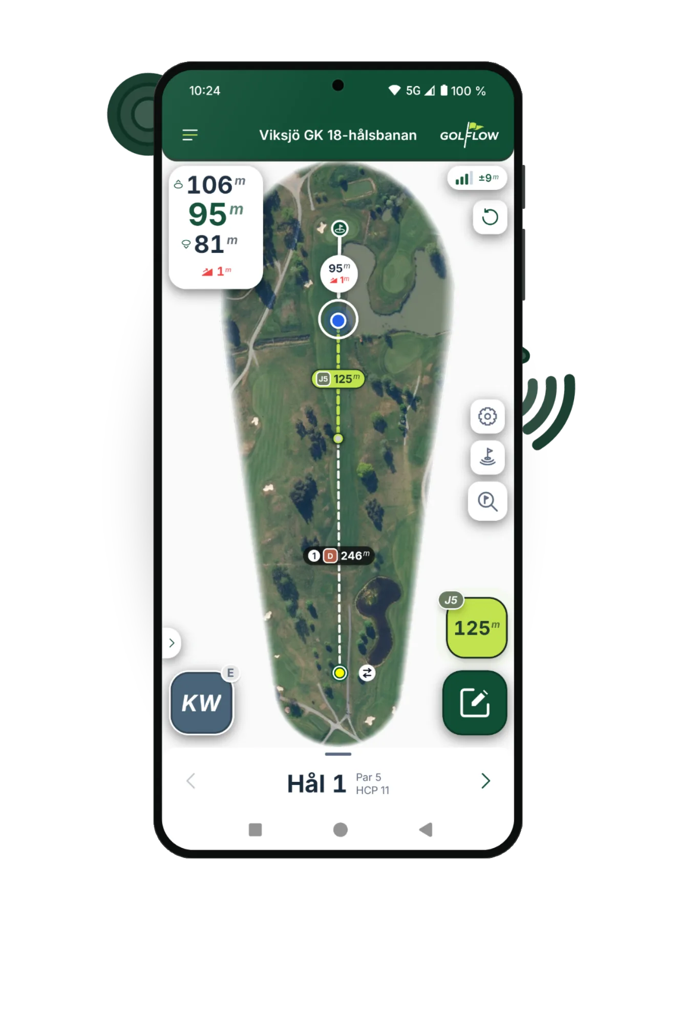 Hål 1 med ett spårat slag på 246 meter och ett slag som mäts, 125 meter in på fairway.